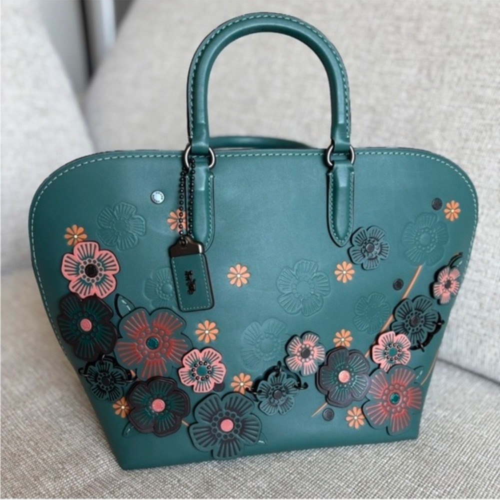 Coach 1941 Rogue 31 Tea Rose Applique Green Leather Satchel Shoulder Bag 58124 - Picture 2 of 5